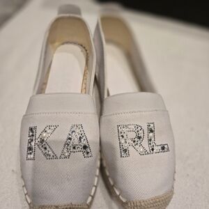 KARL Lagerfeld White Canvas Espadrilles with Rhinestone Logo